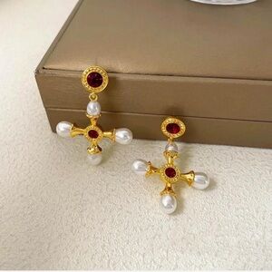 Gold and Red Cross Earrings with Pearl Accents